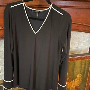 White House Black Market Long Sleeve Black Blouse with White Trim
